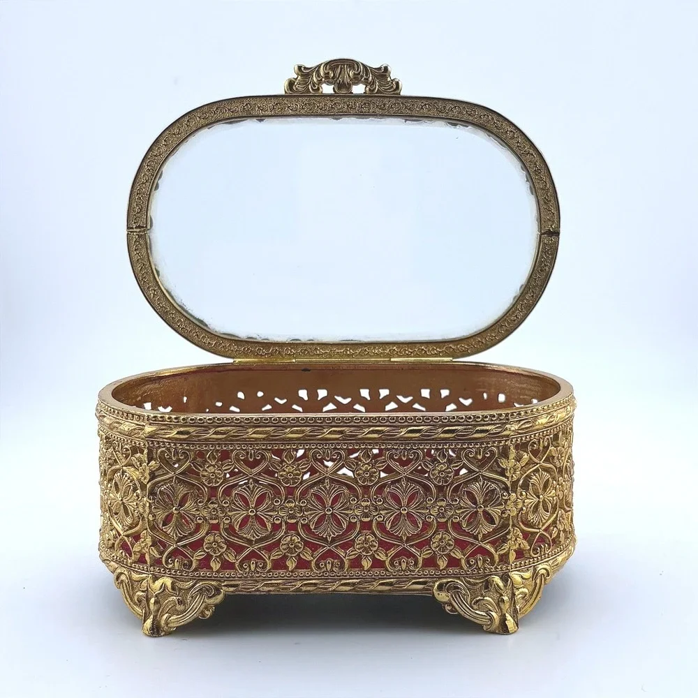 Vintage Mele Gold Filigree Casket Jewelry Box Beveled Glass  Japan